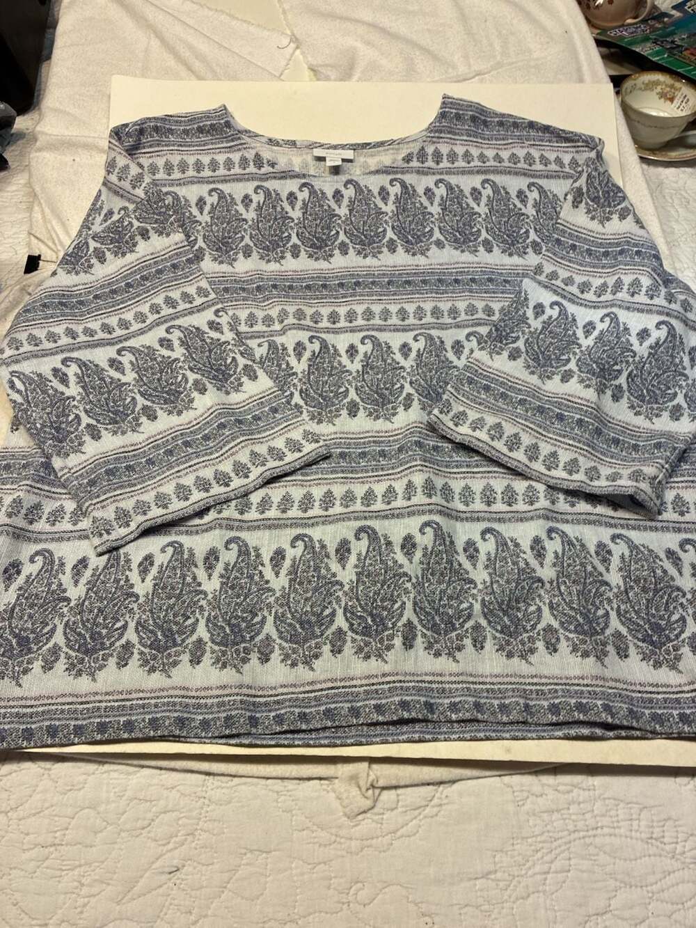 Pure Jill Women Large Blue Paisley Stripe Hemp Cotton Blend 3/4 Sleeve Top